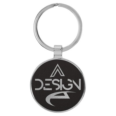 1 1/2" Leatherette/Metal Black/Silver Round Keychain