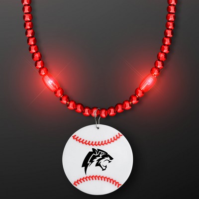 Red LED Bead Necklace with Baseball Medallion - Domestic Imprint