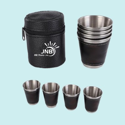 Stainless Steel Mini Portable Cup with PU Leather Cover for Travel Picnic