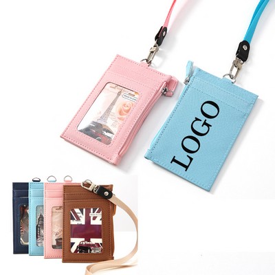 PU Leather ID Badge Holder with Neck Lanyard