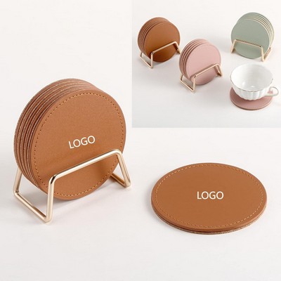 PU Leather Drink Coasters With Metal Holder,Absorbent Round Mat,Handmade,Pad,Decorative Cup Coaster