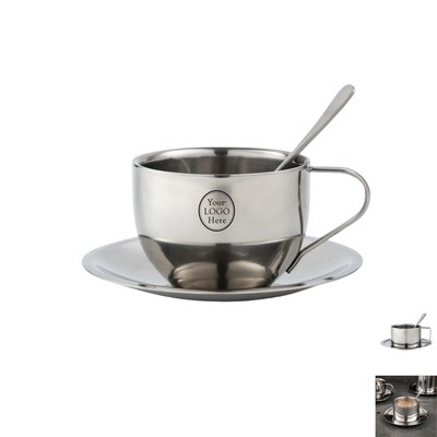 6 Oz Stainless Steel Coffee Cup Set (Cup Saucer & Spoon)