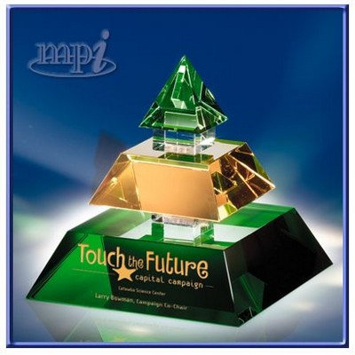 Legend of Success Green & Amber Crystal Pyramid Award 5"H