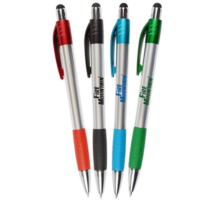 Silver Matte Barrel Pen w/ Stylus, Colored Rubber Grips & Accents