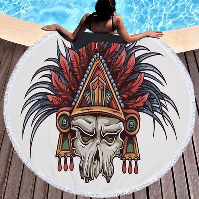 60" Dia Microfiber Skull Round Large Beach Towel for Halloween w/Tassel/Fringe