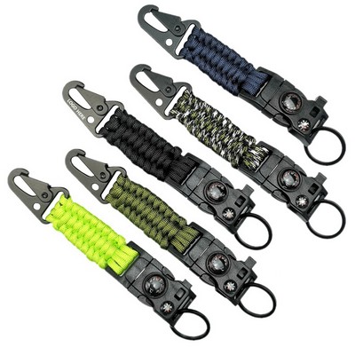 Rope Key Chain w/Whistle Flint Compass Thermometer