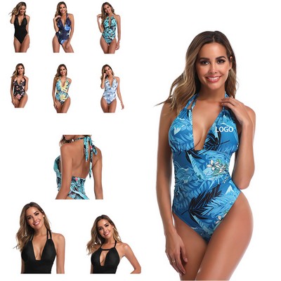 Women V Neck One Piece Swimsuit