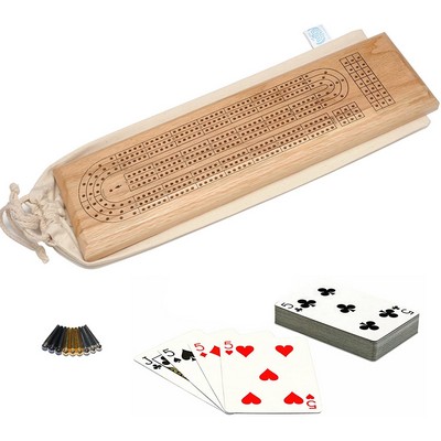 Deluxe Cribbage Set - Solid Oak Wood Continuous 3 Track Board