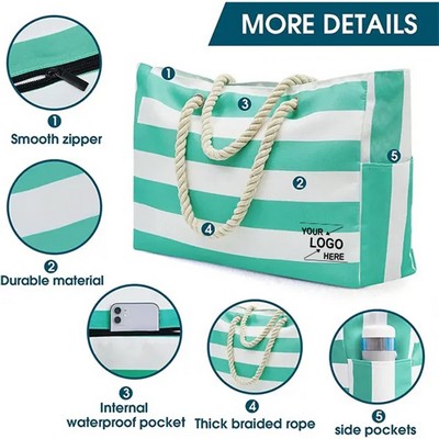 Oversized Striped Beach Tote w/Waterproof Lining