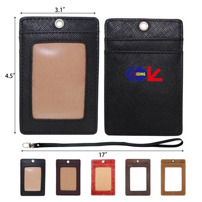 Vertical Style Leather ID Card Badge Holder with Keychain Key Ring