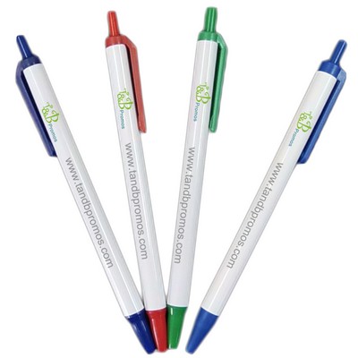 Custom Plastic Ballpoint Click Pen - White w/ Contrast Accent