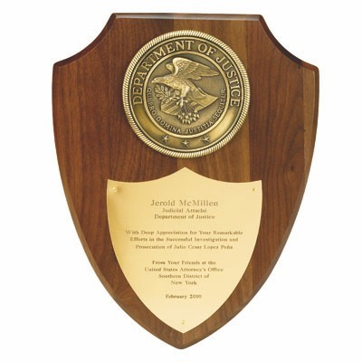 Genuine Walnut Plaque Shield w/4" Department of Justice Medallion (9 ½" x 12")