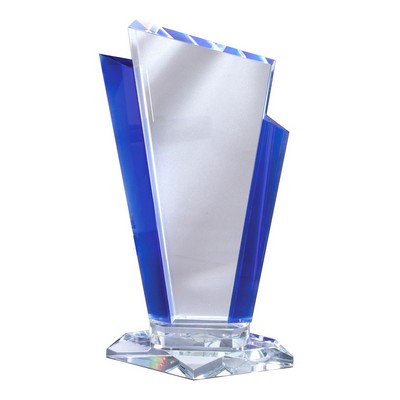 Elegant Fan Glass Award with Contrasting Blue Stylized Columns - 10'' H