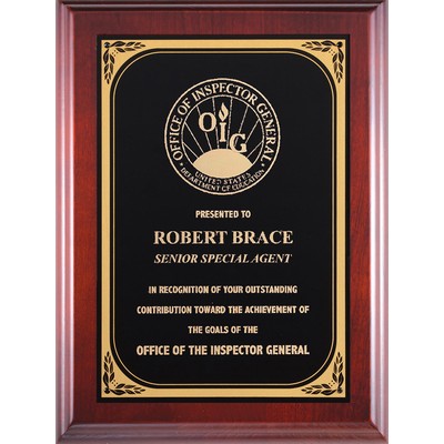 Cherry Piano Finish Plaque Series: Black-Gold Brass Plate, Leaf Border, 8"x10-1/2"