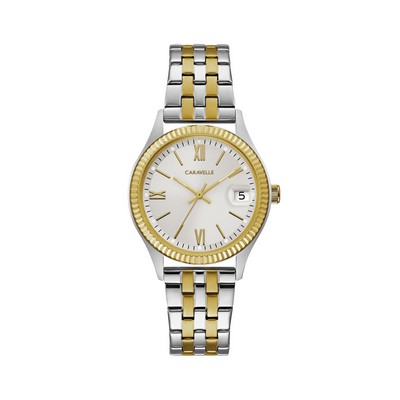 Caravelle Ladies Two Tone Stainless Steel Bracelet Watch with Coin Edge Bezel and Date Marker