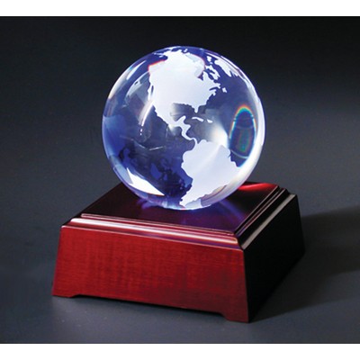 Globe on the LED Lighting Woode Base Optical Crystal Award/Trophy 4"D