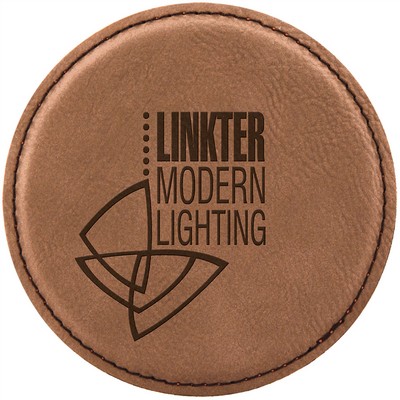 4" Round Laserable Coaster, Dark Brown Leatherette