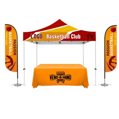 10' X 10' Commercial Grade Steel Frame, Dye Sub Canopy, 11ft Feather Flag, & 6ft Table Throw