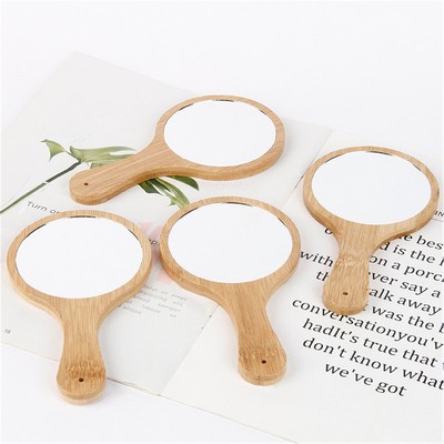 Bamboo portable mini pocket mirror with grip handle