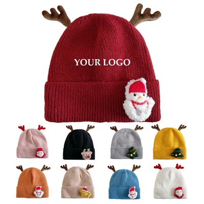 Antler Knitted Beanie Hat With Christmas 3D Doll