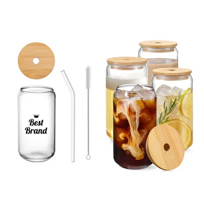 16.9Oz Drinking Pint Glass With Glass Straw And Bamboo Lid