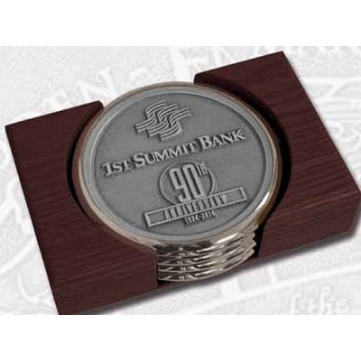 Nickel Plated Boardroom Coaster w/ Zinc Alloy Insert - Set of 2 w/ Holder