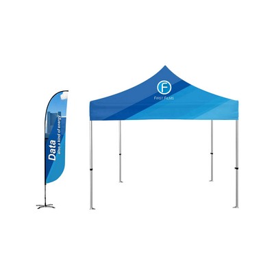 10x10ft Standard Canopy Kit w Deluxe Steel Frame, Dye Sub Canopy & 12ft Double-sided Feather Flag