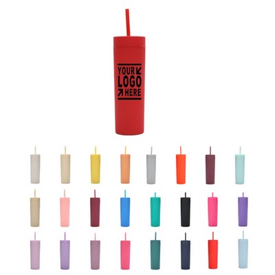 16OZ Double Wall Matte Finishing Plastic Tumbler w/ Colored Straw