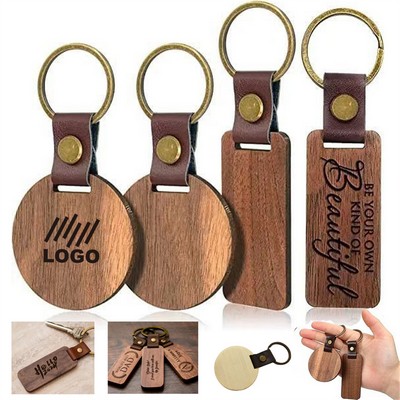 Leather Walnut Wood Keychain