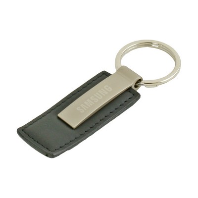 Rectangular Black Leather Key Chain with Short Metal Strip