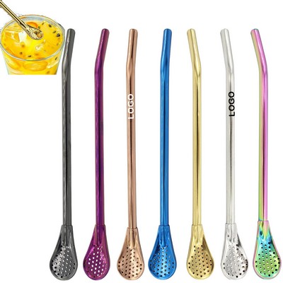 Stainless Steel With Filter Spoon Drinking Stirring Straws