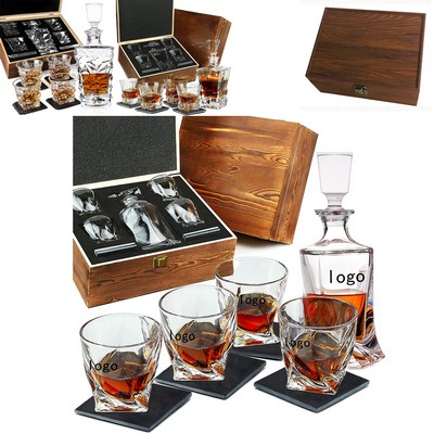 Decanter - Front Only - 4 Glasses - Wood Box