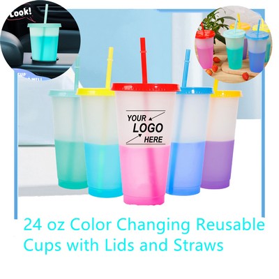 24 oz Reusable Color Changing Cups with Lids and Straws