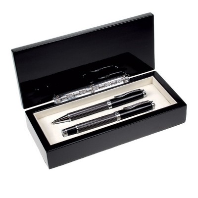 Black Glass Fiber Finish Ball Pen and Roller Ball Pen Set