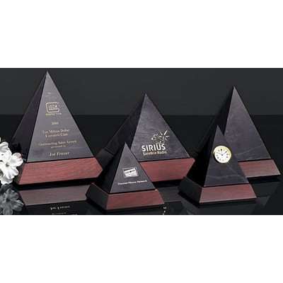 4" Black Genuine Marble Pyramid Award w/Mahogany Base