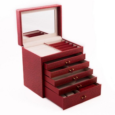 Red "Ostrich" Leather Jewelry Chest w/Removable Travel Case & 5 Drawers & Top Tray w/Mirror