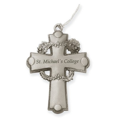 Cross with Holly Leaves Pewter Finish Ornament