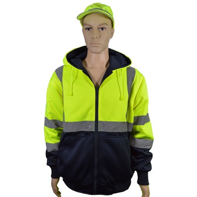 20 Oz. Double Weight Lime/Navy Reversible ANSI Class 3 Zip-Up Hooded Sweatshirt