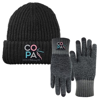 Chunky Knit Beanie Cap and Deluxe Knit Text Gloves Combo