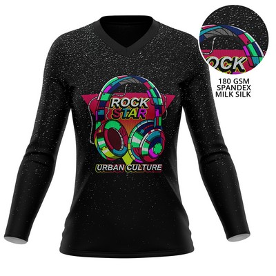 Women's 180 GSM Spandex Milk Silk Sublimation Performance Long Sleeve V-Neck T-Shirt