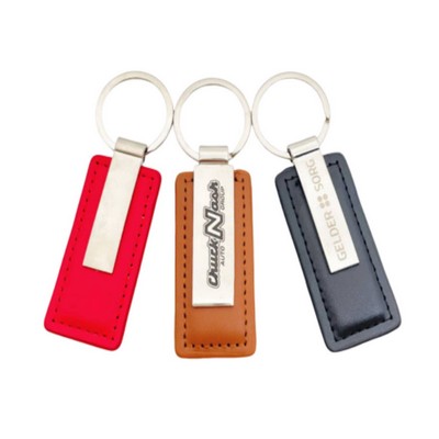 Silver Metal PU Leather Rectangular Keychain