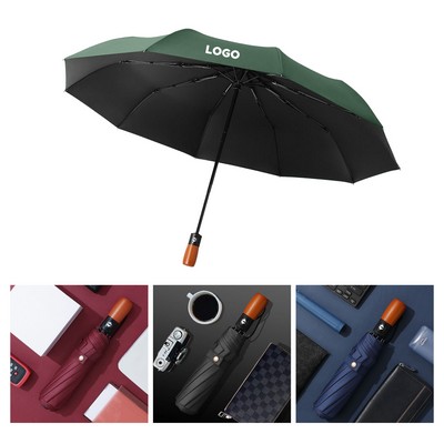 Wooden-Handled Windproof Auto Sun/Rain Umbrella