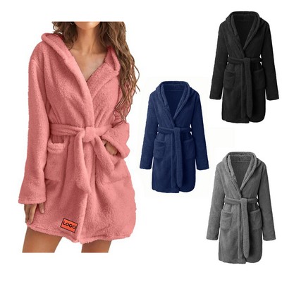 Women'S Hooded Fluffy Leisure Bathrobe