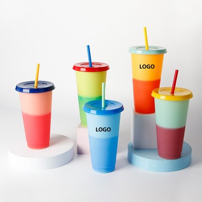 24 Oz. Color Changing Plastic Tumbler w/Straw