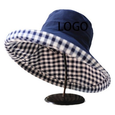 Summer Women Double-Sided Cotton Plaid Sun Hat