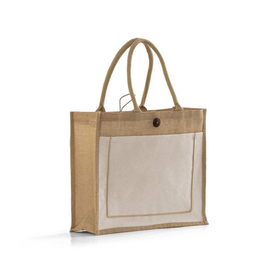 Button-Closure Jute Tote Bag