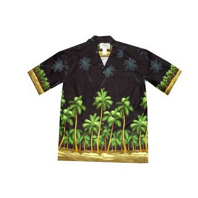 Black Hawaiian Border Print Cotton Poplin Shirt w/ Button Front