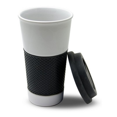 Commuter: 16 oz. Single Wall Ceramic Tumbler with Silicone Sleeve w/ lid.