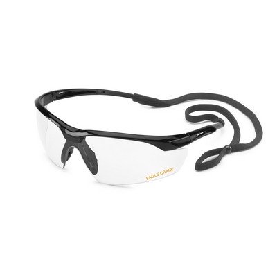 Black frame, flexible temple, clear lens, Conqueror safety glasses