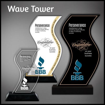 7" Wave Tower Clear Budget Line Acrylic Award in a Black Wood Base